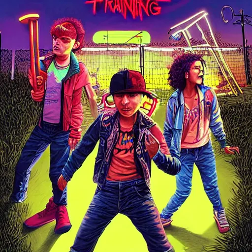 Image similar to young punk rockers fighting against zombies at the playground, by baseball bat in the retro wave stranger things style, neon colors, hyper detailed, digital art, cinematic lighting, concept art by artgerm and greg rutkowski and caravaggio and moebius and jakub rebelka, 8 k