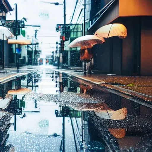 Image similar to still photo of rain puddles and reflections in a japanese street, cloudy weather, highly detailed, photorealistic shot, bright studio setting, studio lighting, crisp quality and light reflections, unreal engine 5 quality render