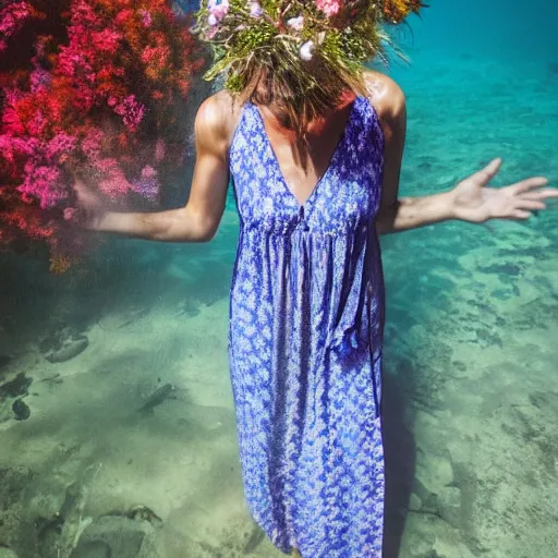 Prompt: a long and loose dress, not worn, underwater together with some flowers