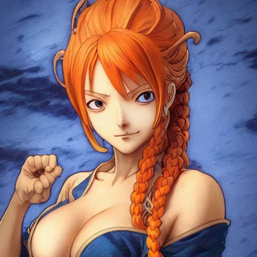 Image similar to intricately detailed vfx portrait of nami from one piece by eiichiro oda!, makoto shinkai, alphonse mucha, art by artgerm and greg rutkowski!, best of behance, concept art, matte, sharp focus, orange hair, adolphe bouguereau, annie leibovitz, stanley kubrick,