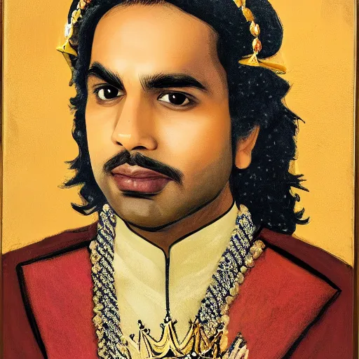 Prompt: portrait of kunal nayyar king of zamunda, with crown amd ornaments