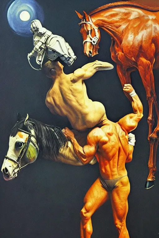 Image similar to astronaut bodybuilder carries a horse in his hands, hauntingly surreal, highly detailed painting by francis bacon, edward hopper, adrian ghenie, gerhard richter, and james jean soft light 4 k,