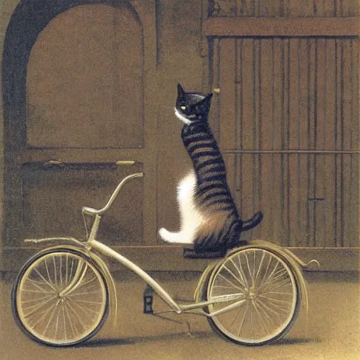 Prompt: A cat driving a bicycle, an illustration by Michael Sowa, but as photography