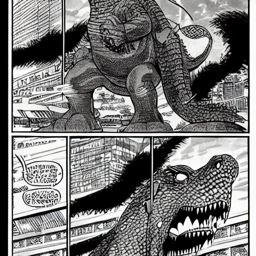 Prompt: full page comic of godzilla by jack kirby, kirby dots, 4 k, detailed, intricate