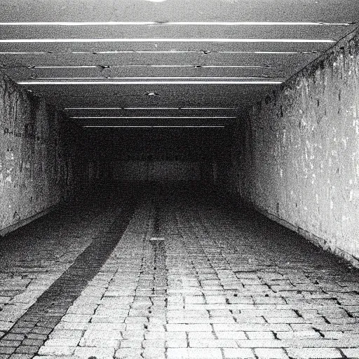 Prompt: analog photograph of a dark empty car park, light sources, greyscale, film grain, bokeh, depth of field, high contrast