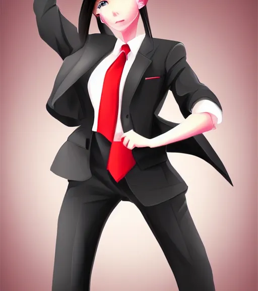 Image similar to a girl wearing a business suit and a red necktie, digital painting, hd, smooth, elegant, anime art, Tran Ross