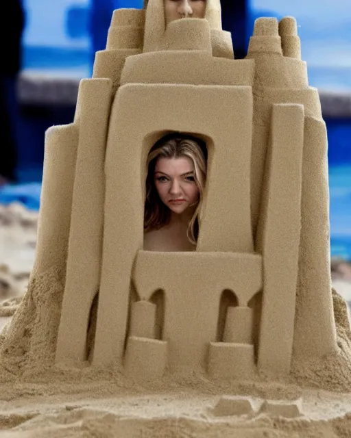 Image similar to a detailed sandcastle with the face of natalie dormer