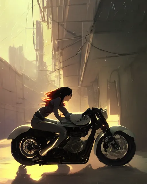 Image similar to a girl riding a motorcycle, full shot, atmospheric lighting, detailed face, by makoto shinkai, stanley artgerm lau, wlop, rossdraws