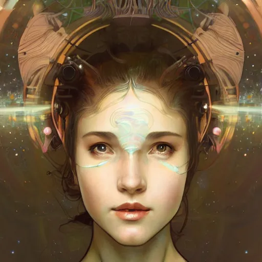 Prompt: Portrait of a girl with the universe in her head, headshot, art by Artgerm, Alphonse Mucha, science fiction, intricate, futuristic, exotic, epic, digital painting, cinematic lighting, sharp, insanely detailed, concept art, artstation, cgsociety