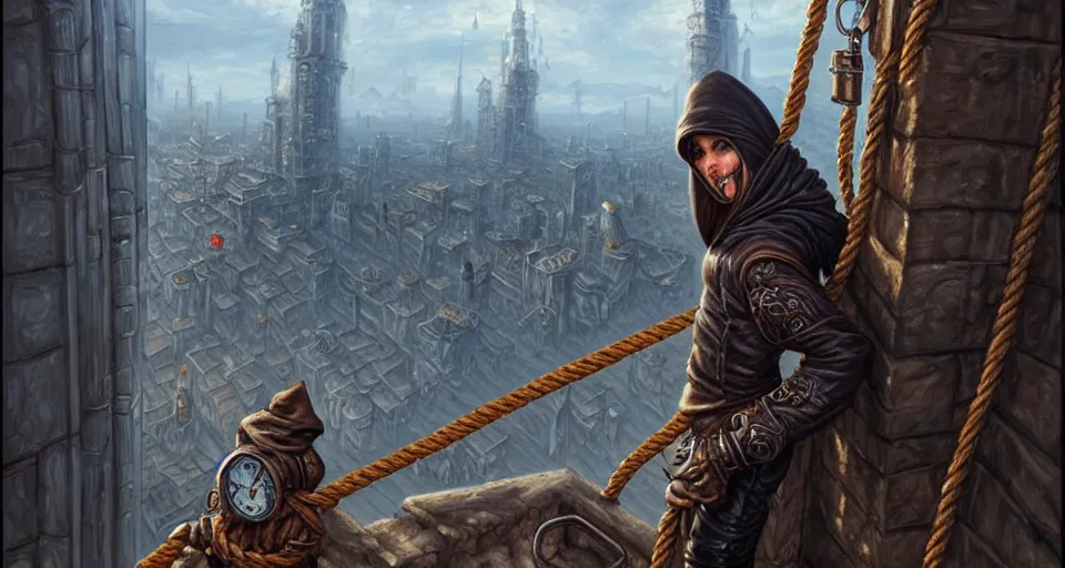 Image similar to landscape painting of a hooded thief in leathers using a rope to climb a tall metal steampunk buildings with a fantasy city, fine details, magali villeneuve, artgerm, rutkowski