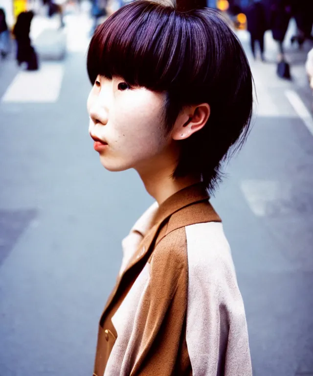 Image similar to a portrait street photograph shot on cinestill 5 0 d of a japanese woman in 9 0 s fashion with modest make up, hair died to a hazelnut brown, shot in shibuya tokyo on a 3 5 mm at f / 2. 8 and 1 / 1 2 0 0 shutter speed, print magazine quality, nostalgia, 8 k