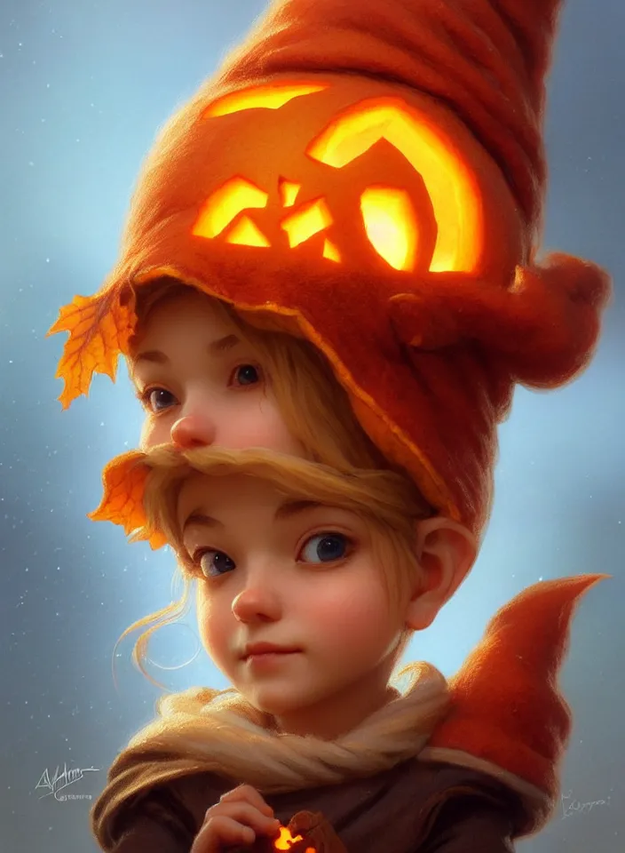 Image similar to hand drawn cute one gnomes face in autumn and pumpkin, detailed closeup face, concept art, low angle, high detail, warm lighting, volumetric, godrays, vivid, beautiful, trending on artstation, art by artgerm and greg rutkowski and alphonse mucha