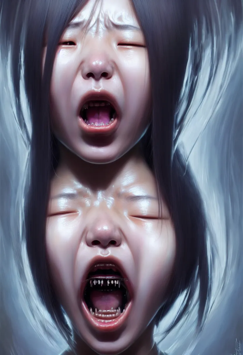 Image similar to beautiful render of a face, waist up portrait of a futuristic cute japanese teenage girl screaming in anger and frustration, intricate, elegant, highly detailed, digital painting, artstation, concept art, smooth, sharp focus, octane render, dramatic lighting, symmetry, symmetrical face, ONE FACE, headshot, art by greg rutkowski and wlop