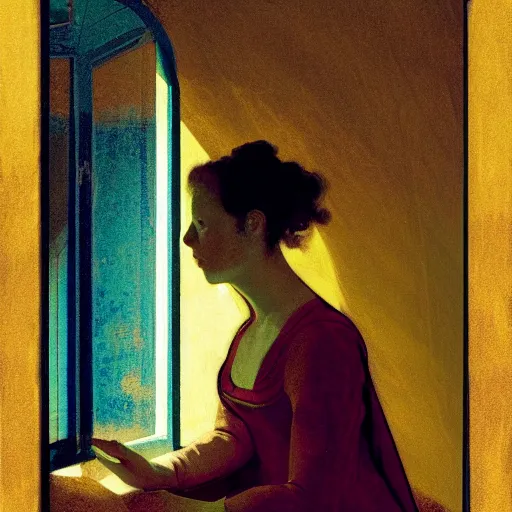 Image similar to a girl in a gold haunted liminal room, digital painting by goya, colors by pontormo, lights by hopper, extreme detail, liminal aesthetic, background art nouveau