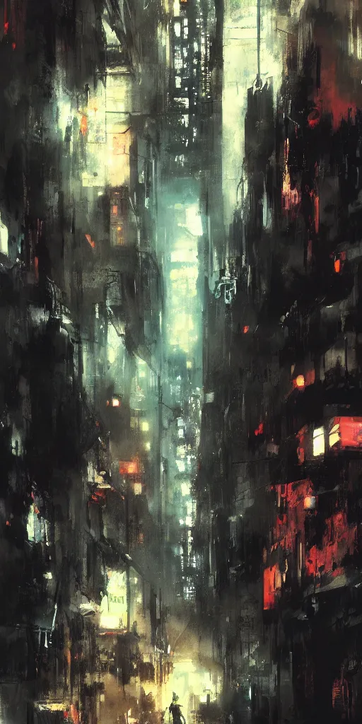 Image similar to a blade runner dungeon located in a city painted by ashley wood and phil hale, masterpiece, award - winning, sharp focus, intricate concept art, ambient lighting, 8 k, artstation, pixiv