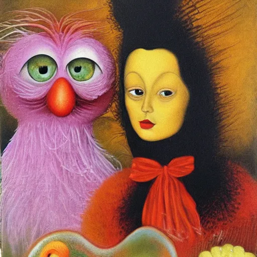 Image similar to by Remedios Varos, a portrait of Elmo from Sesame Street and his goldfish Dorothy, oil painting, traditional.