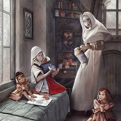 Image similar to “ medieval nurse attending kids in the doctor ’ s office, fantasy, artwork, digital art, intricate, stanley artgerm lau ”