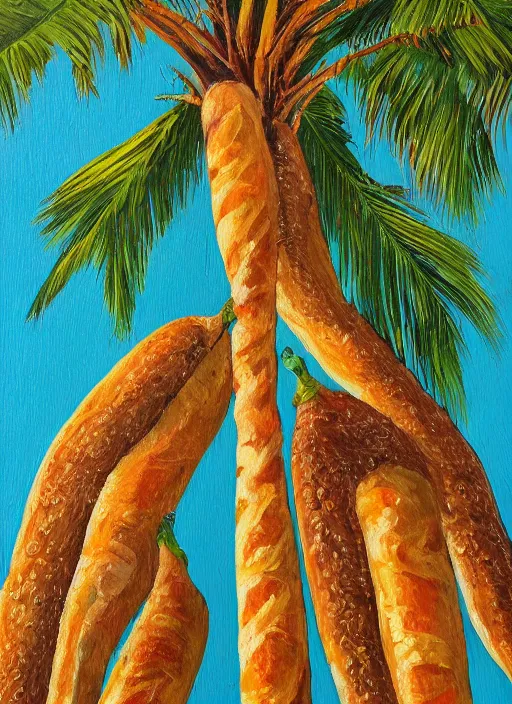 Prompt: baguettes grow instead of bananas on a palm tree, intricately detailed acrylic painting