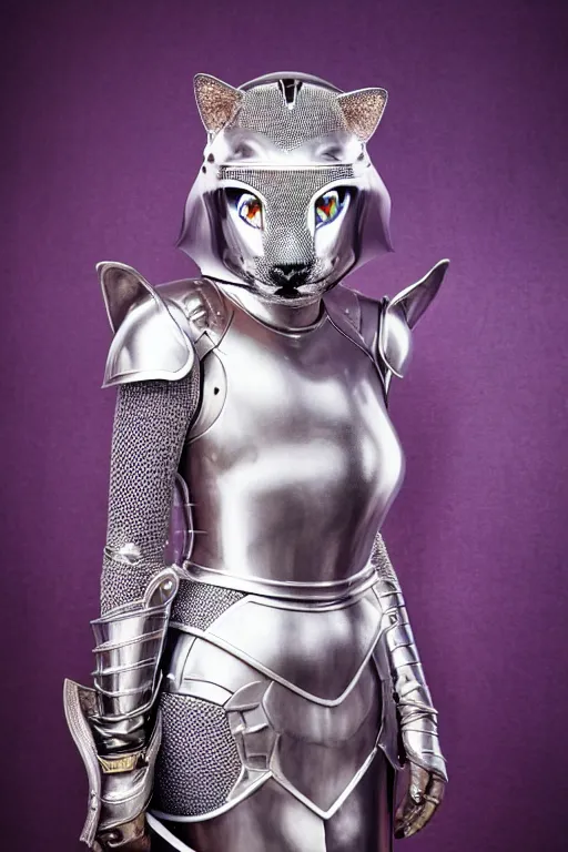 Image similar to female knight wearing a real cat on her head, armor designed by wayne barlowe, swarovski and tiffany, blonde hair, symmetry, sci - fi, cinematic, elegant, luxury, perfect light, perfect composition, dlsr photography, sharp focus, dark fantasy, 4 k, ultra hd, sense of awe, highly detailed, realistic, intricate