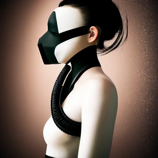 Prompt: a hyper realistic futuristic, minimal, stunningly cyborg tradition geisha photograph, covering face with a intricate sci - fi equipment, high fashion, in a dark futuristic room, metal gear solid, dark moody backlighting, silhouette, octane render,