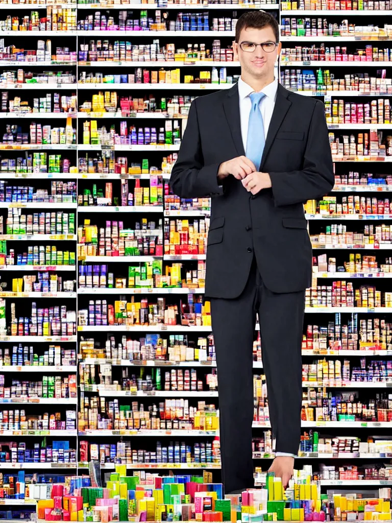 Prompt: a formal portrait photograph of an expanding salesman dissected into cubes. he is stacked on a supermarket shelf in the cosmetic aisle