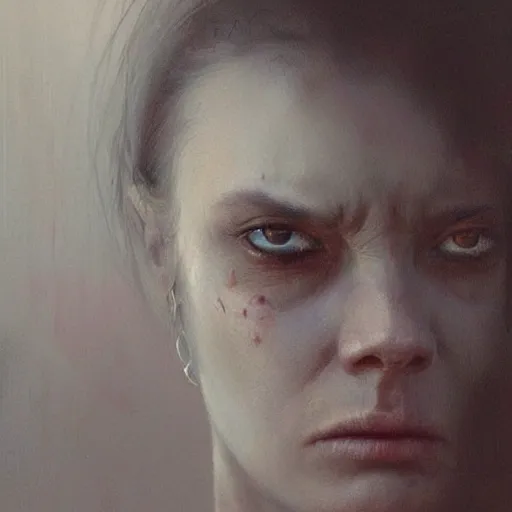 Prompt: A portrait of a woman, angry face, art by Greg Rutkowski and Zdzisław Beksiński