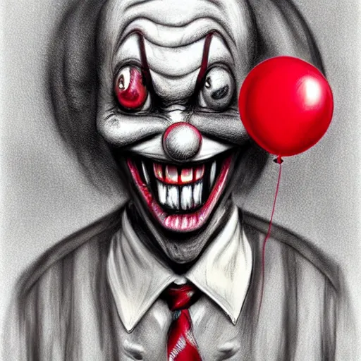 Prompt: surrealism grunge cartoon portrait sketch of clown with a wide smile and a red balloon by - michael karcz, loony toons style, freddy krueger style, horror theme, detailed, elegant, intricate