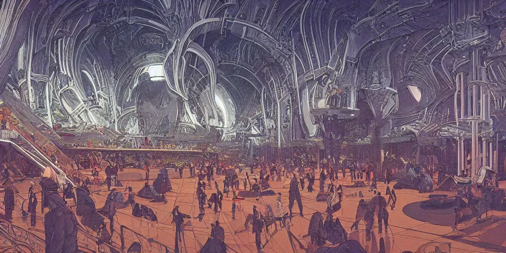 Image similar to a cinematic shot of the interior of a sci - fi space station with ornate elven architecture bustling with people by jean giraud moebius, crystalline, emerald, detailed matte illustration by moebius, clean lines, sharp focus