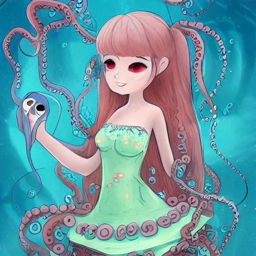 Prompt: a cute octopus girl with a flowy dress under the sea trending on art station