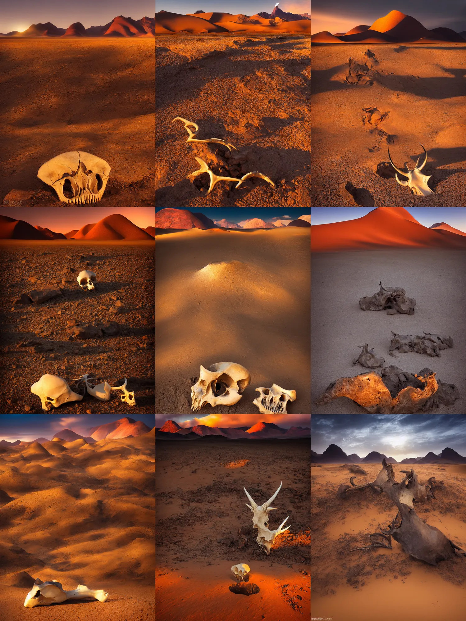 Image similar to amazing landscape photo of the Namib landscape with mountains in the distance and an Oryx skull on the rocks in the foreground by marc adamus, beautiful dramatic lighting, 16mm wide angle lens