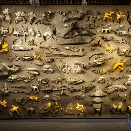 Image similar to Photograph of a full Pikachu archeology fossils, museum, light exposition