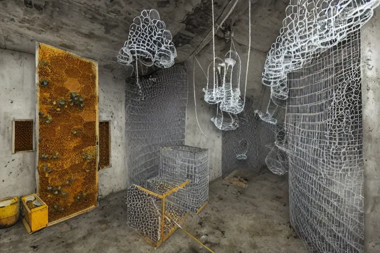 Image similar to favela simple jellyfish bunker honeybee hive, mission arts environment, industrial factory, soothing, award winning art, epic dreamlike fantasy landscape, ultra realistic,