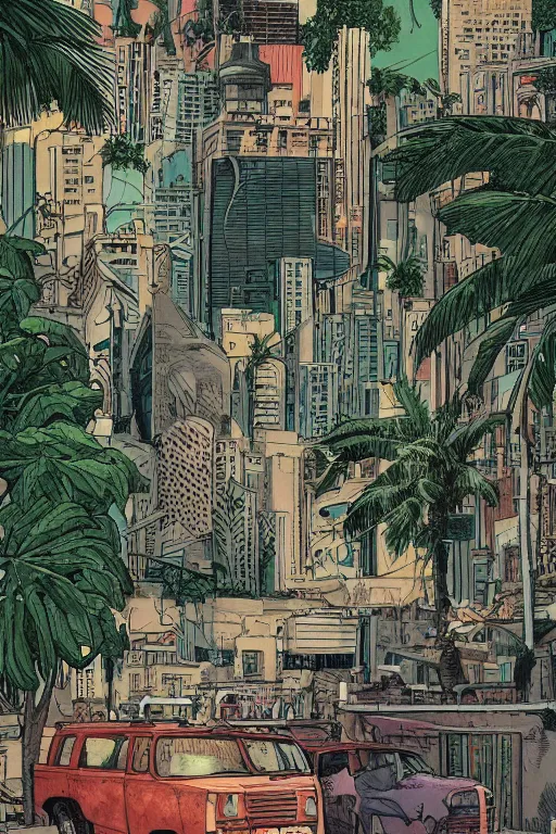 Prompt: full page comic book drawings of desolate city scenes urban jungle zoo on a hot summer evening, tropical color palette, by carel willink and gregory crewdson, moebious, jean giraud, comic book panels, octane render