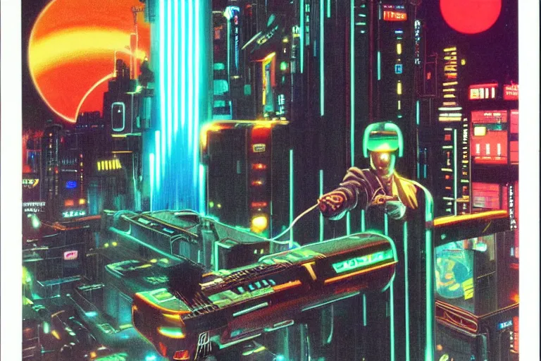 Image similar to 1979 OMNI Magazine Cover of a handheld retro electronic product with lights and cables neo-Tokyo in cyberpunk style by Vincent Di Fate