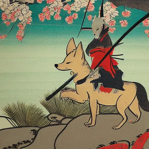 Image similar to samurai fox with a katana. sakura forest in the background. old japanese painting. fresco