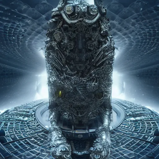 Image similar to trapped technological deity with eyes made of interstellar stargates and molten honeycomb structure, intricate detail, royo, whealan, giger, hd, 8 k, octane render, unreal engine,