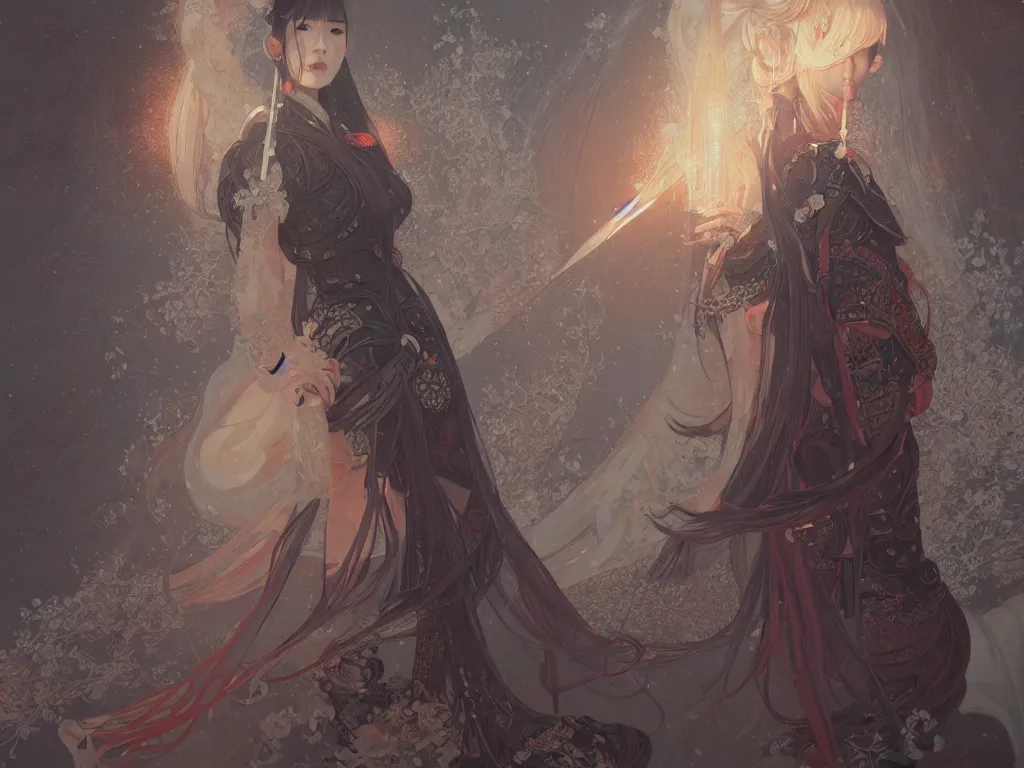 Image similar to portrait jisoo blackpink, grey hair armored samurai clothes, in fire japanese temple wet night, ssci - fi and fantasy, intricate and very very beautiful and elegant, digital painting, artstation, concept art, smooth and sharp focus, illustration, art by tian zi and wlop and alphonse mucha