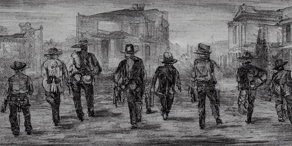 Image similar to a band of outlaws seen from the back walking toward a flaming mansion at night, in the deep south