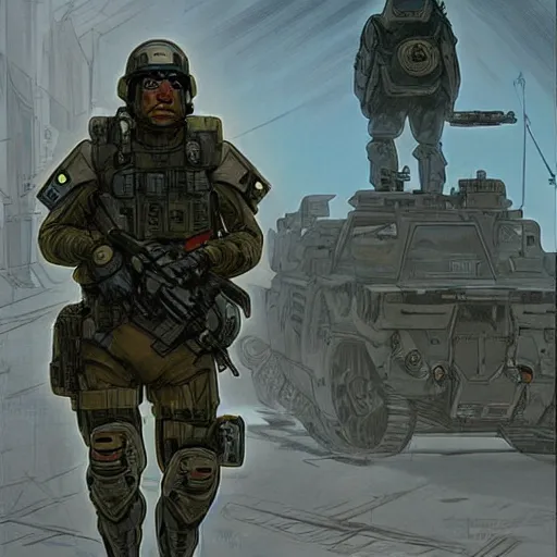 Image similar to Hector. USN special forces recon operator in near future gear, cybernetic enhancement, on patrol in the Australian neutral zone, deserted city landscape. 2087. Concept art by James Gurney and Alphonso Mucha