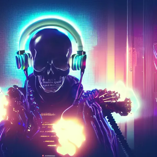 Image similar to cyberpunk skeleton with headphones playing synthesizer, smoke, lights, lasers, highly detailed, realistic, technology and magic,