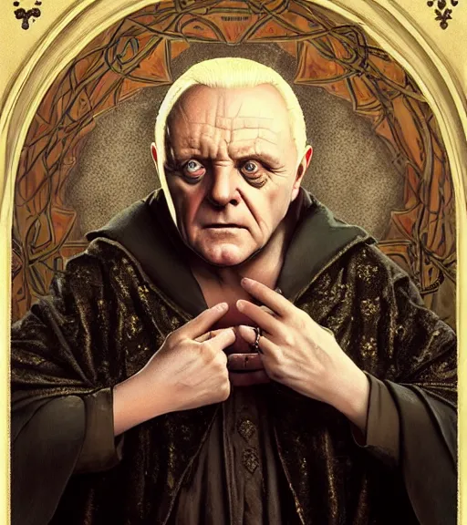 Prompt: A Magical Portrait of Anthony Hopkins as Aleister Crowley the Great Mage of Thelema, art by Tom Bagshaw and David Burroughs Mattingly