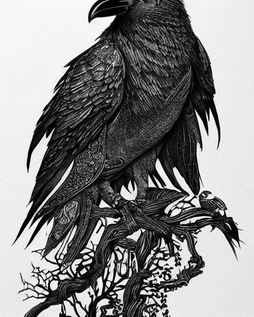 Image similar to mystical raven, black ink on paper, trending on artstation, beautiful, intricate, detailed