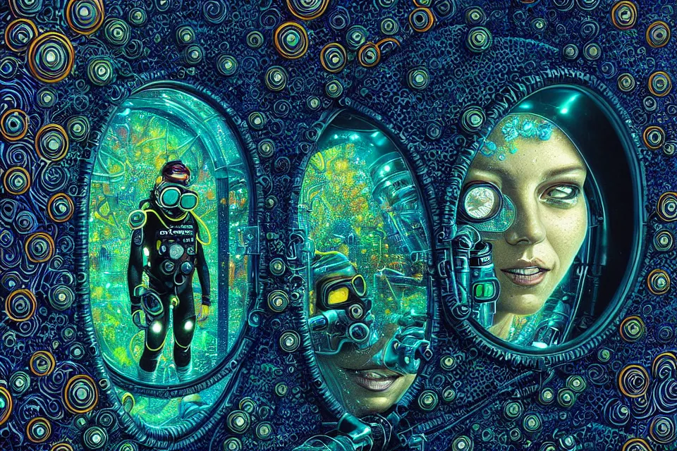 Image similar to detailed portrait of a cyberpunk scuba diver inside a dmt portal by james r eads and tomasz alen kopera