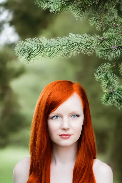 Image similar to a portrait of a redhead beautiful girl, green eyes, highly detailed, 3 5 mm f 1. 4 background silver fir