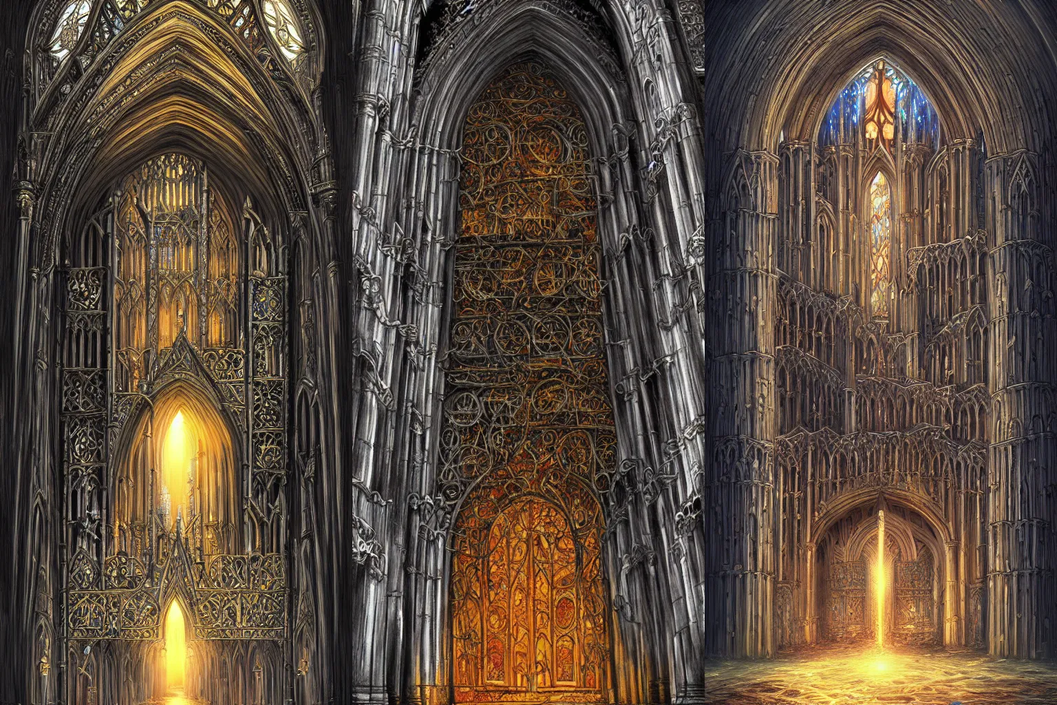 Prompt: The gate to the eternal kingdom of Cathedrals, fantasy, digital art, HD, detailed.