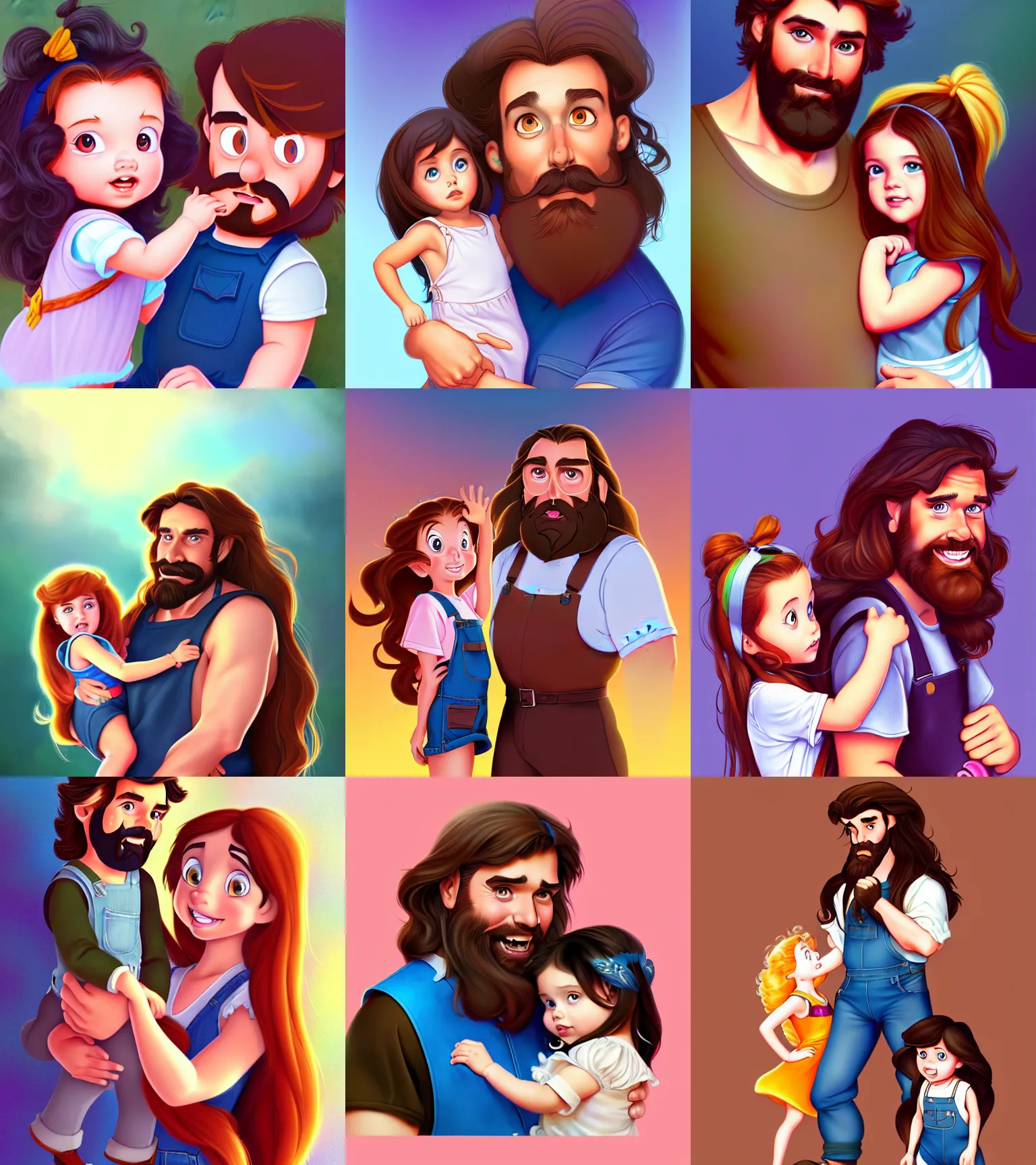 Image similar to a long - haired bearded father and his brunette child toddler girl wearing a overall full color digital illustration in the style of don bluth, artgerm, artstation trending, 4 k