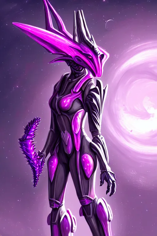 Prompt: galactic hyperdetailed elegant beautiful stunning giantess anthropomorphic mecha hot sexy female dragon goddess, sharp spines claws ears, smooth purple eyes, smooth fuschia skin, silver armor, in space, epic proportions, epic scale, epic size, warframe destiny fanart, furry, dragon art, goddess art, giantess art, furaffinity, octane realism