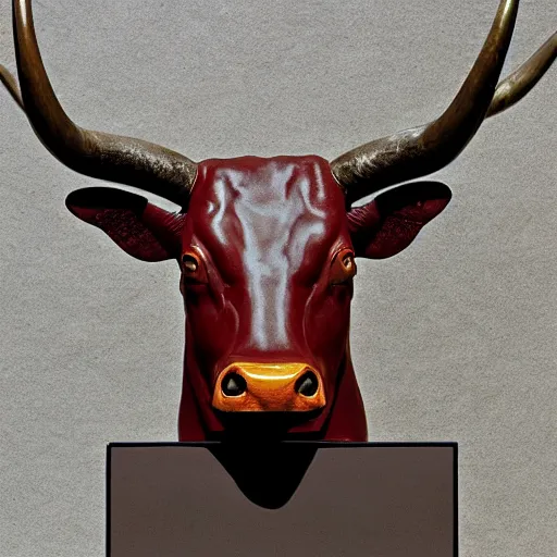 Image similar to professional color photograph of a patinated bronze portrait bust of a furious Texas longhorn steer supported by a bronze plinth, by Auguste Rodin, Jean-Leon Gerome