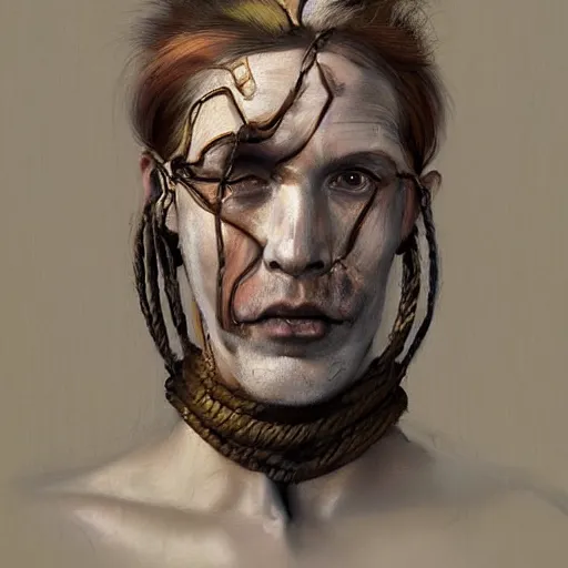 Image similar to portrait of a Shibari rope wrapped face and neck, headshot, insanely nice professional hair style, dramatic hair color, face paint half and half, digital painting, of a old 15th century, old cyborg merchant, amber jewels, baroque, ornate clothing, scifi, realistic, hyperdetailed, chiaroscuro, concept art, art by Franz Hals and Jon Foster and Ayami Kojima and Amano and Karol Bak,