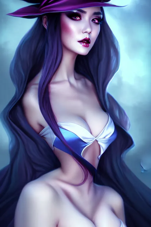 Prompt: Beautiful alluring witch portrait in satin dress by Artgerm and WLOP, Pixiv